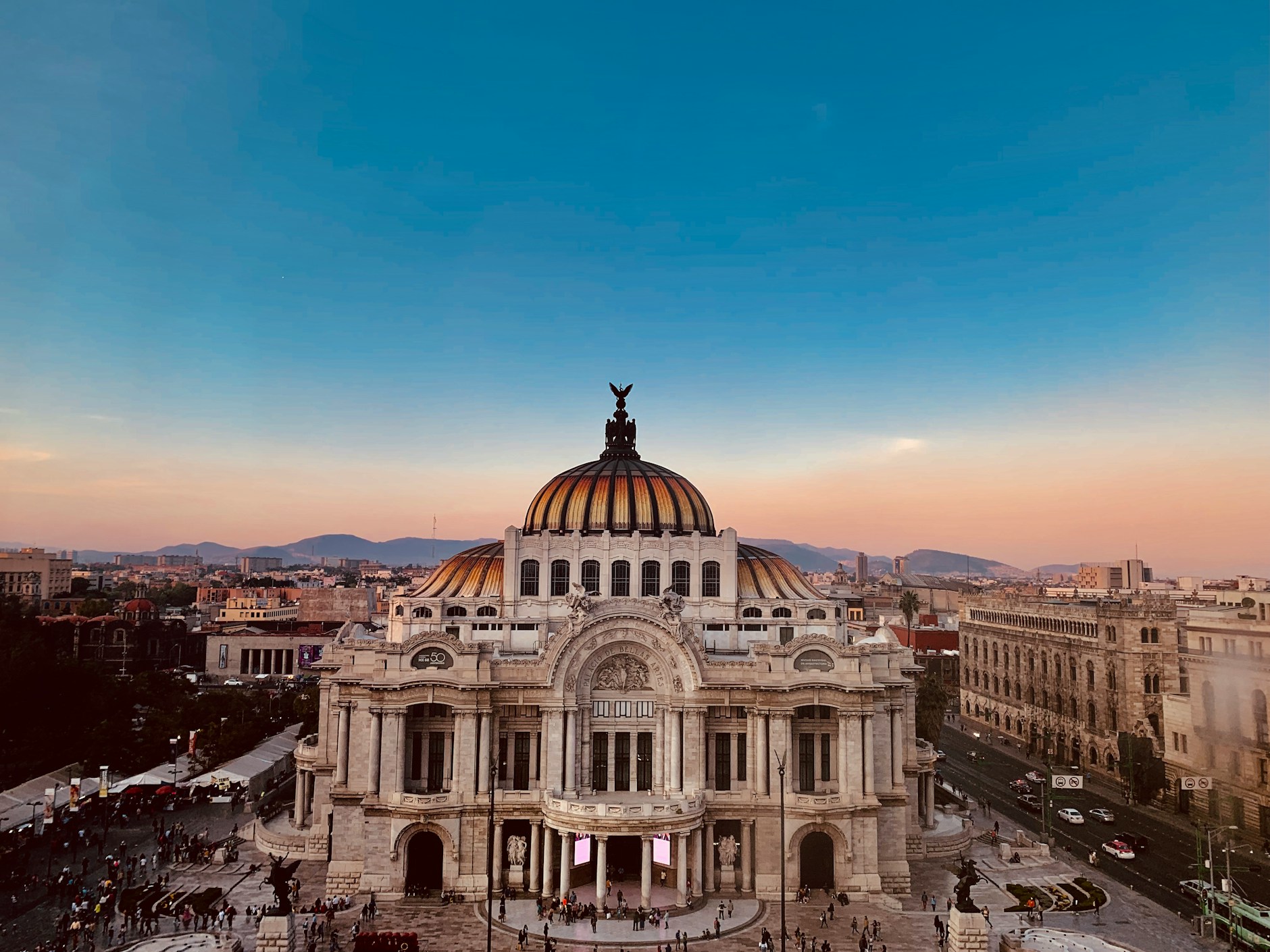 The Palacio de Bellas Artes in Mexico City at dusk